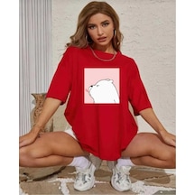 Kozia Outdoors Malkoçbey Sevimli Ayı Baskılı Oversize Basic T-shirt Kirmizi