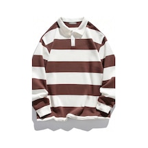 Ghassy Co. Erkek London Çizgili Şeritli Pamuklu İçi Polarlı Polo Yaka Sweatshirt Kahve Kahverengi