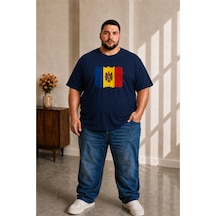 Sngl Tekstil Erkek Büyük Beden Kısa Kollu Moldova Bayrak Baskılı Tişört 3xl 4xl 5xl 6xl 7xl 8xl 9xl Lacivert