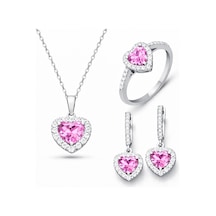 Gümüş Pembe Taşlı Kalpli Kadın Set - Name: 14 Açık Gold