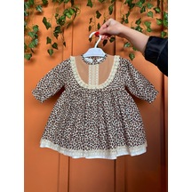Dantel Detaylı Leopar Desenli Pamuklu Kız Çocuk Bebek Elbise 001