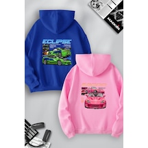 Macklin Sevgili Çift Kombin Hızlı Ve Öfkeli Eclipse Ve S2000 Sırt Baskılı Kapüşonlu Sweatshirt 2li Set Takım Mavi Pembe Mck1236 Çok Renkli