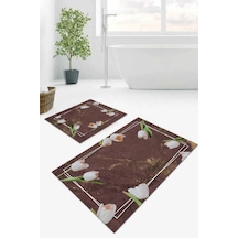 Kahverengi Çiçek Desen Banyo Halısı Klozet Paspas Seti Bs012n11
