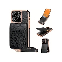 Turcoshop11 İphone 16 Promax İçin Siyah Yapay Deri Çapraz Telefon Kılıfı Kart Yuvası Askı Ve Ayak