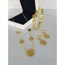 Yonca Kadın Gold Çelik Takı Seti Gümüş - Rose Gold