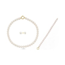 9,5 Mm Gemici Kilit Doğal İnci Kolye Bileklik Küpe Üçlü Set 40 Cm / Sarı Gümüş