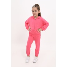 Toontoy Kids Kız Çocuk 2'li Takım Kapüşonlu Fermuarlı Sweatshirt & Beli Paçası Lastikli Jogger Eşofman Altı - 2 İplik Fuşya