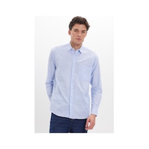 Tudors Erkek Regular Fit Klasik Kesim Oversize Uzun Kollu %100 Pamuk Keten Doku Tek Cepli Mavi Çizgili Gömlek-42401