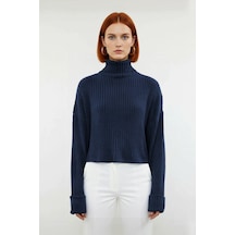 Ersefa Kadın Oversize Super Crop Balıkçı Yaka Kışlık Triko Kazak Uzun Ko Indigo
