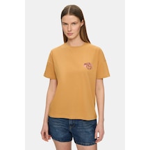 Ucla Marıluz Açık Turuncu Bisiklet Yaka Baskılı %100 Pamuk Loose Fit Kadın Tshirt