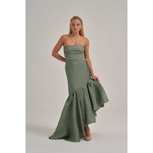 Crystalia Straplez Çapraz Detaylı Haki Elbise Haki