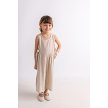 Oliven The Kid Oliventhekid Bej Naturel Keten Yazlık Kolsuz Arkası Düğmeli Çift Bağcıklı Kız Çocuk Tulum Bej Bej