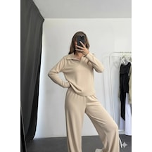Defymoda Polo Yaka Alt Üst Kollu Modal Takım Bej Pt Bej