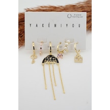 Kadın Kararmaz Altın Kaplama 6'Lı Kombin Set Küpe Altın-M Altın