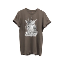 Geyik Ve Av Köpeği Çizim Baskılı %100 Pamuk Regular Fit Bisiklet Yaka Unisex T-shirt Kahverengi