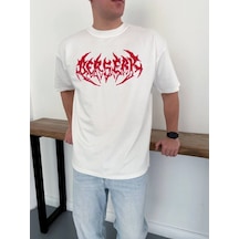 Erkek Kısa Kol Yazlık Tişört Bisiklet Yaka Baskılı Oversize T-shirt - Beyaz Beyaz