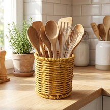 Buffer Yuvarlak Hasır Dokulu Plastik Rattan Kaşıklık & Çatallık Askılı Kendiliğinden Tutmalı Çok Amaçlı Mutfak Organi Açık Kahverengi