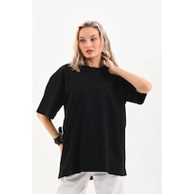 Kadın Düz Kısa Kol Penye T-shirt - Siyah Siyah