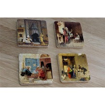 Oryantal Satranç Oynayanlar Kahveci Ve Sultan Süleyman Doğal Taş Bardak Altlığı 4'lü Set - Natural Stone Coasters - Taş Çok Renkli