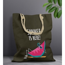 Bk Gift Yaz Temalı Haki Halat Saplı Kumaş Plaj Çantası -10, Baskılı Omuz Çantası, Alışveriş Çantası, Arkadaşa Hediye, Sevgiliye Hediye Gri