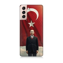 Samsung Galaxy S21 Uyumlu Bayrak Önünde Güçlü Atatürk Desenli Silikon Kılıf Çok Renkli