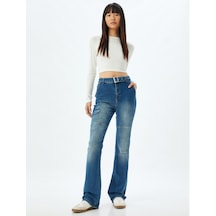 Koton İspanyol Paça Kot Pantolon Slim Fit Kargo Cepli Düğmeli Pamuklu - Flare Jeans Orta İndigo 5wal40098md İndigo