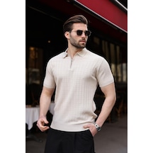 Taş Rengi Polo Yaka Slim Fit Triko Erkek Tişört E7465 Taş Rengi