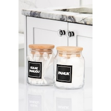 2li Ahşap Vakumlu Kapaklı Kulak Pamuğu Ve Pamuk Kavanozu Pamukluk 300 Ml Şeffaf