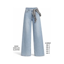 Miss Poem Kadın Açık Mavi Fularlı Yüksek Bel Wide Leg Jean Pantolon A.mavi