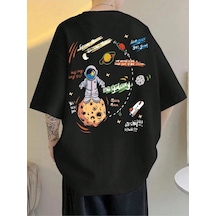 Startmore Unisex Siyah The Galaxy Gezegen Baskılı Oversize Bisiklet Yaka Tshirt Siyah