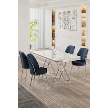 Canisa Vals Serisi 80x130 Lak Panel Beyaz Mermer Desen Masa Takımı Krom Ayaklı 4 Antrasit Sandalye Masa Beyaz Mermer Desen Sandalye Antrasit