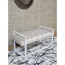 Zafir Beyaz Boyalı Metal 80 Cm Puf Bench - Antre Puf - Hol Bench - Puf - Oturak - Bench Bej