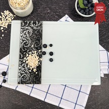 Kanallı Cam Kesme Tahtası - Ornament Beyaz Fon - 25x35cm