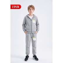 Panios Kids 3 İplik Baskılı Fermuarlı Erkek Çocuk Eşofman Takımı Gri