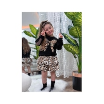 Nehirim Kids Kız Çocuk Uzun Kollu Leoparlı Ve Dantelli Salopet Mevsimlik Elbise 3-4-5-6-7-8-9-10 Yaş Siyah