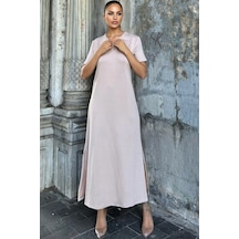 Vizon Polo Yaka, Kısa Kol, Yırtmaçlı, Basic Model, Uzun Salaş Elbise Vizon