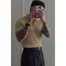 Tarz Cool Erkek Old Money Örgü Polo Yaka Triko Tişört Vizon