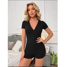 Kadın Kısa Kollu Önü Düğmeli Mini Bodycon Fitilli Kaşkorse Tulum