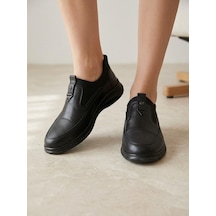 Beren Hakiki Deri Acı Kahve Kadın Ayakkabı Ortopedik Taban Bağcıksız Comfort Casual Günlük Sneaker Siyah
