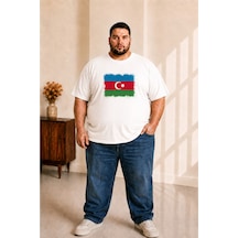 Sngl Tekstil Erkek Büyük Beden Kısa Kollu Azerbaycan Bayrak Baskılı Tişört 3xl 4xl 5xl 6xl 7xl 8xl 9xl Beyaz