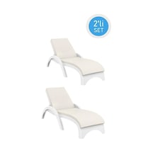 Omnipazar Trk-860 Siesta Fiji Bej Minderli Rattan Desenli Ayarlanabilir Lüks Şezlong Beyaz 2'li Set Beyaz
