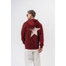 Respire Erkek Star Baskılı Yıkamalı Kapüşonlu Oversize Hoodie Bordo
