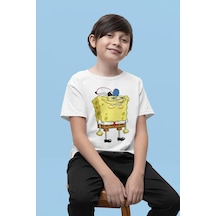 Sevbano Unisex Süngerbob Baskılı Çizgi Film Çocuk Tişört 1-12 Yaş Beyaz