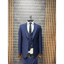 Dupont Classics Erkek Slim Fit 6 Drop Sivri Yaka Yelekli Poliviskon Çift Yırtmaç Takım Elbise Lacivert