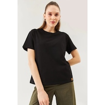 Kadın Rahat %100 Pamuklu Penye Bisiklet Yaka Kısa Kol Basic T-shirt SIYAH