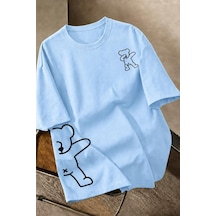 Ayıcık Baskılı Unisex Oversize Sokak Stili T-shirt Turkuaz