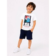 Cg Kids Baskılı T-shirt Ve Lacivert Müslin Şort Erkek Çocuk Alt Üst Takım Laci Vert