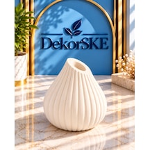 Dekorske - Taş Tozu Su Damlası Vazo - 12x10 Cm - El Yapımı Çizgili Dekoratif Vazo Ve Kuru Çiçeklik Beyaz