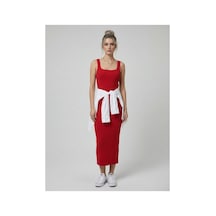 Neden Tekstil Premium Fit Kare Yaka Fitilli Triko Midi Elbise - Kırmızı