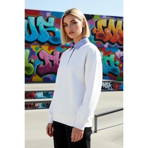 Benerly Kadın Polo Yaka Düşük Kol Düğme Detaylı Sweatshirt Fonksiyonel Da Ekru